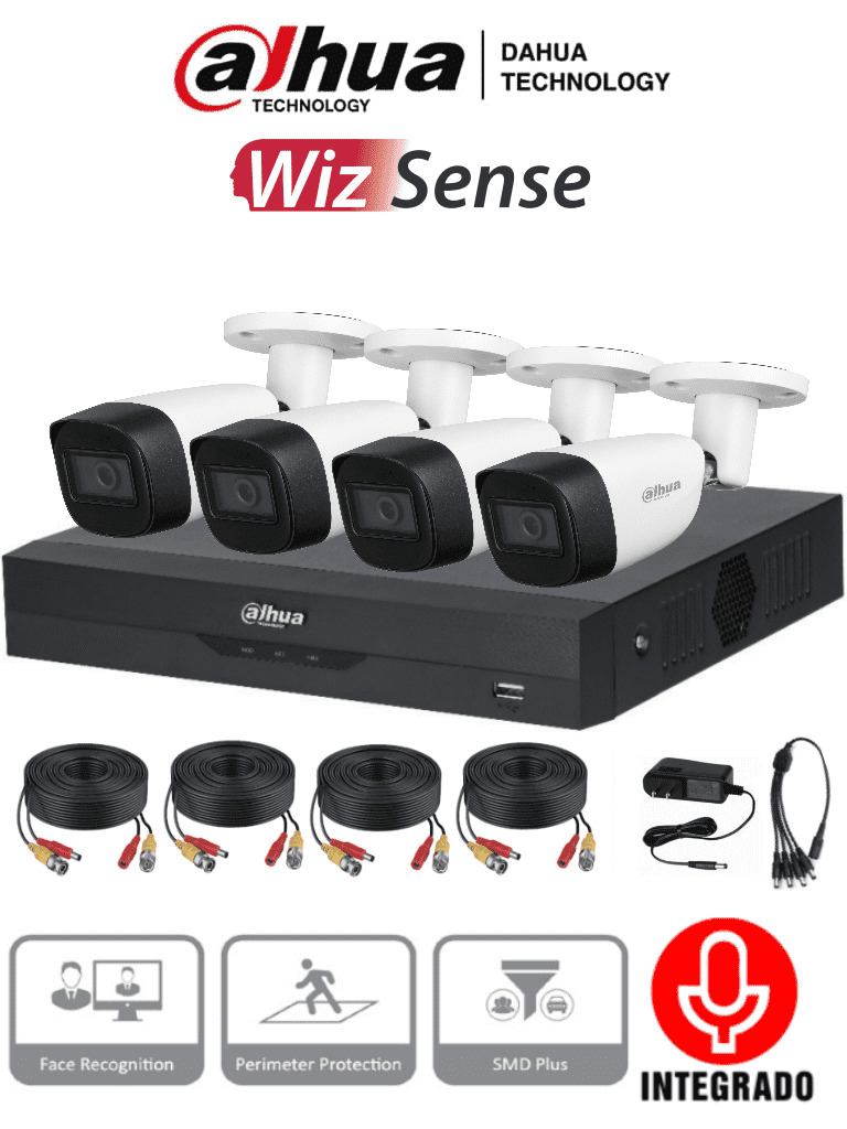 Kit de 4 Canales de 5 Mp con Audio, DVR WizSense con Reconocimiento de Rostros, H.265+, 4 Camaras Metalicas, 4 Ch + 4 IP o Hasta 8 Ch IP, 4 Ch SMD Plus, Busqueda de Humanos y Vehiculos, Accesorios Incluidos.