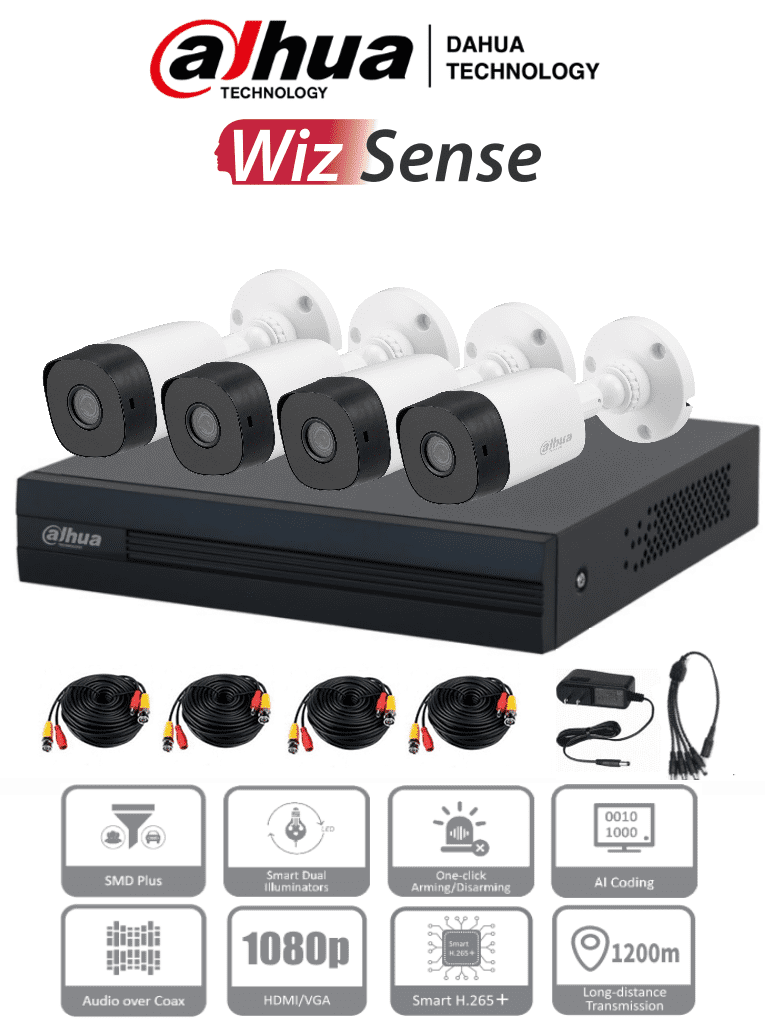 Kit de 4 Canales de 2 Megapixeles, DVR Cooper-I WizSense, Con IA, H.265+, 4 Camaras B1A21 1080p, 4 Canales + 1 IP o Hasta 5 Canales IP, 4 Canales SMD Plus, Busqueda de Humanos y Vehiculos, Accesorios Incluidos.
